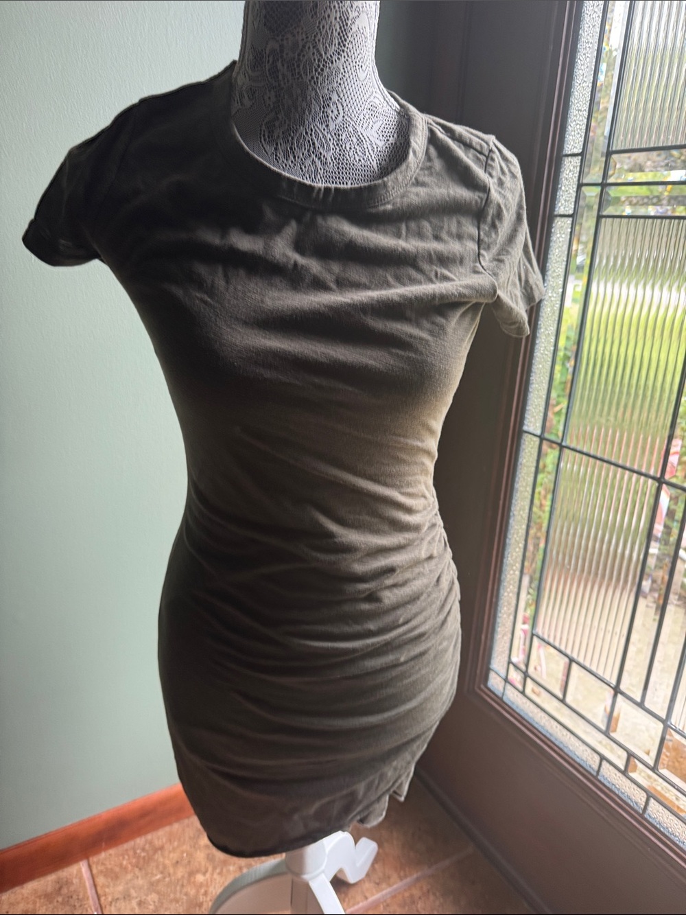 La Miel Olive Green Slim Fit Short Sleeve Dress Top with side ruching